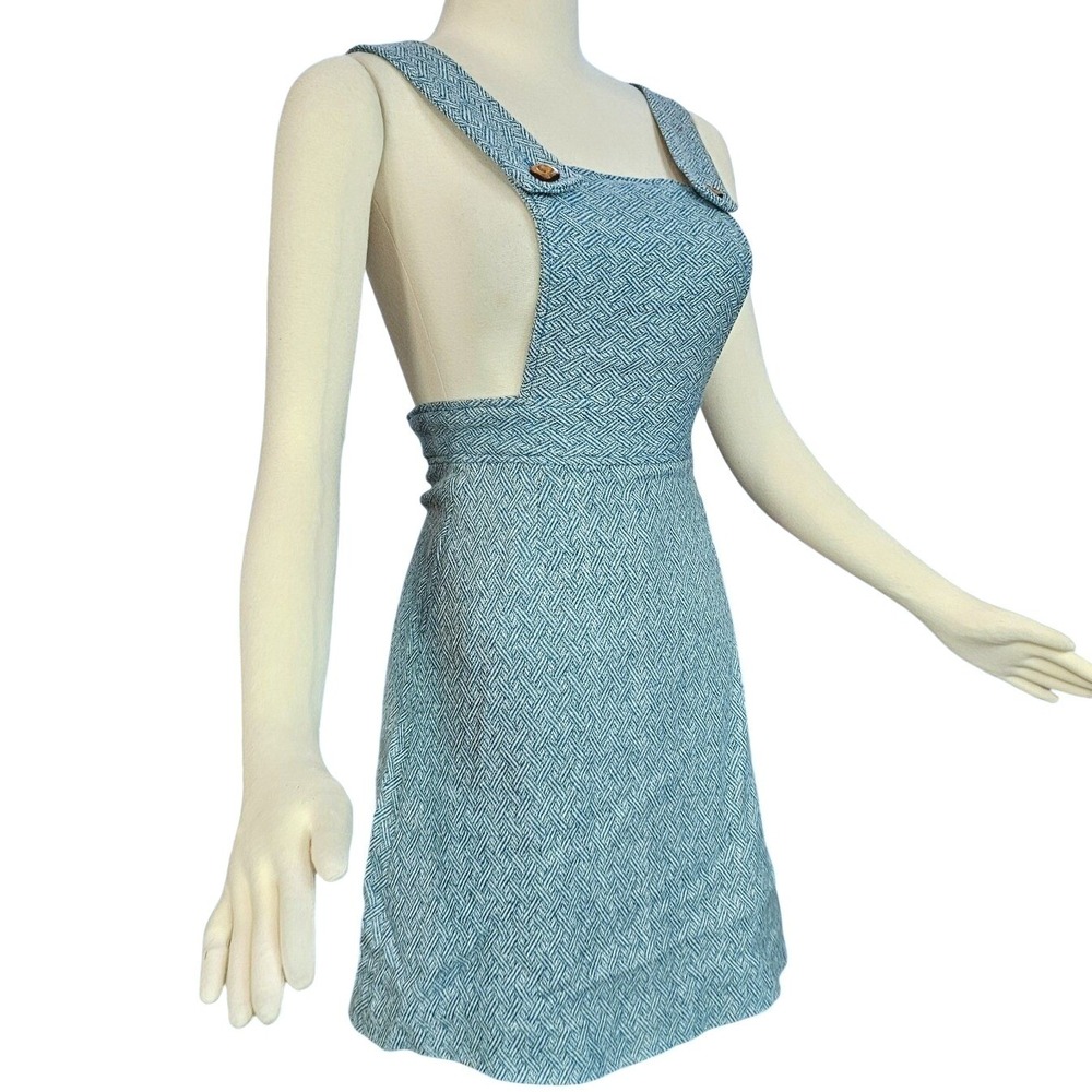 Vintage 1960's Dress Overalls Romper Bibbed Teal Blue Polyester Cross Back Retro